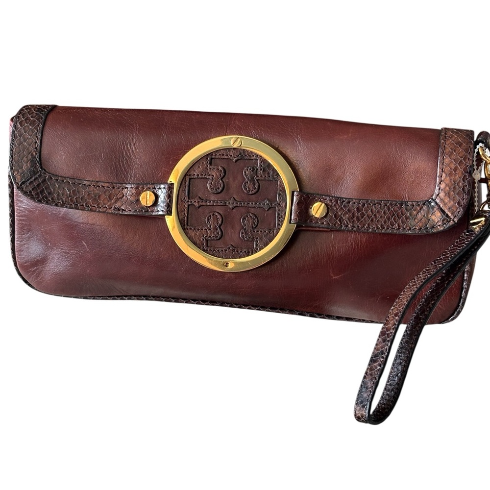 Vintage Tory Birch  Leather Clutch with snake skin details Gold Accents